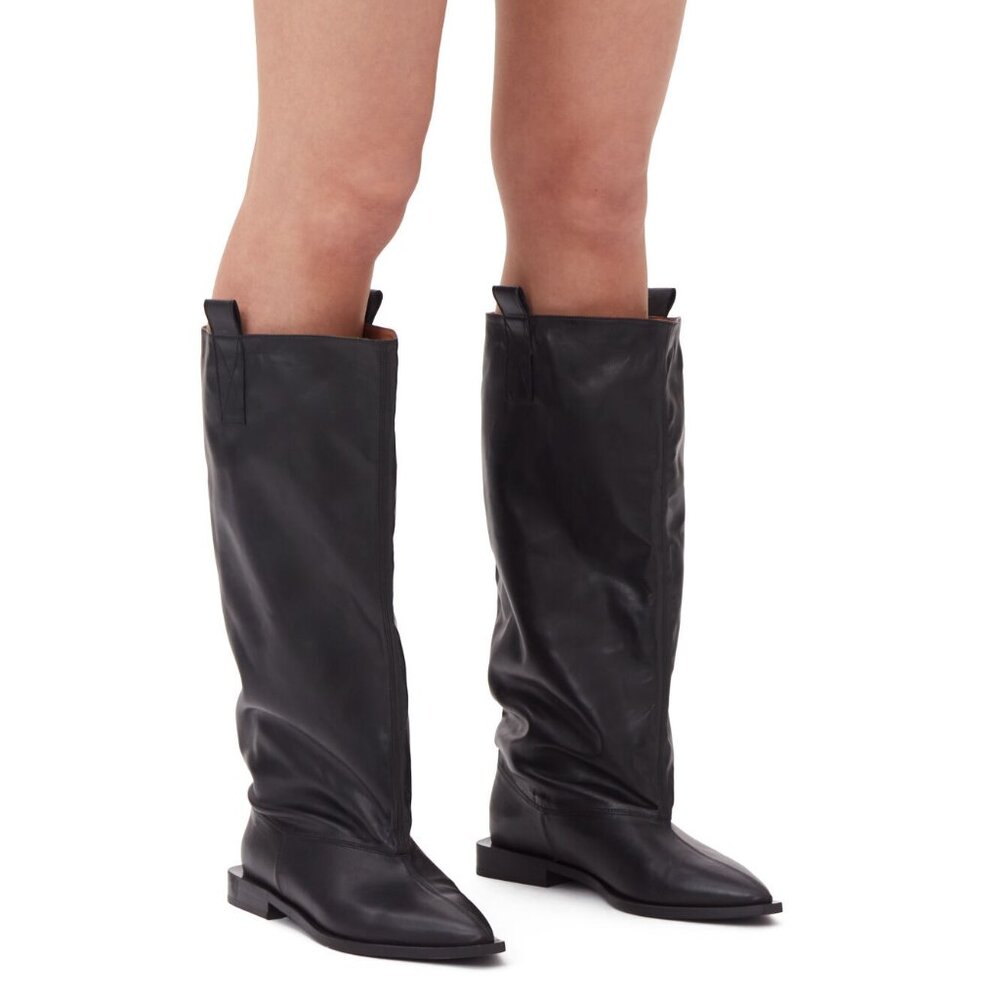 Ganni Black Western Loose Flat Tubular Boots - Vegan Leather EU 38 Runs Small